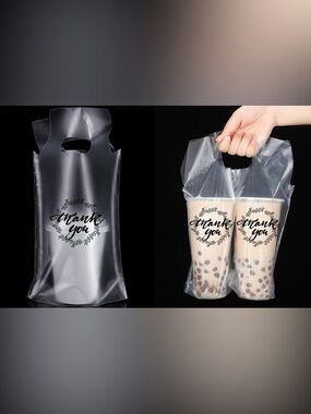 Clear Plastic Drink Carrier Bag with "Thank You" Print